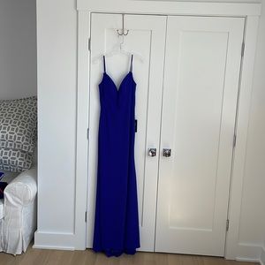Blue dress with a slight train in the back.  Gorgeous dress!